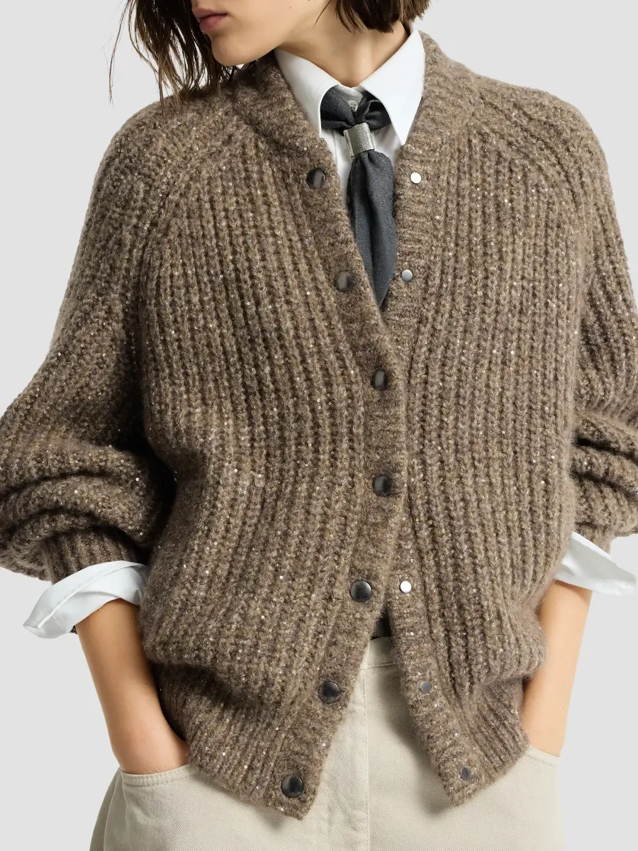 Brunello Cucinelli Women's Dazzling Cashmere and Silk English Rib Cardigan | Thumbnail 6 Brunello Cucinelli Women's Dazzling Cashmere and Silk English Rib Cardigan | Thumbnail 6