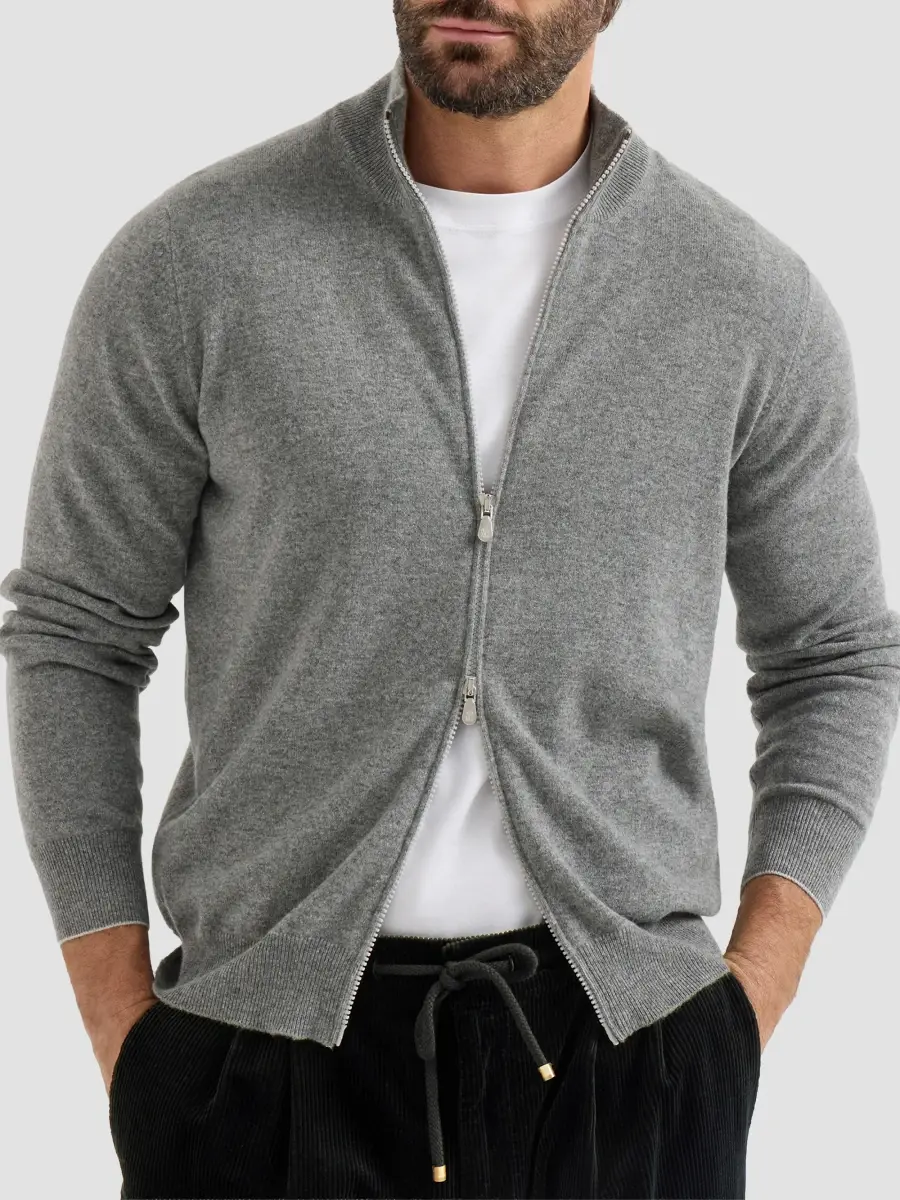 Brunello Cucinelli Men's Cashmere High-Neck Cardigan with Zipper - Dark Grey | Thumbnail 3 Brunello Cucinelli Men's Cashmere High-Neck Cardigan with Zipper - Dark Grey | Thumbnail 3