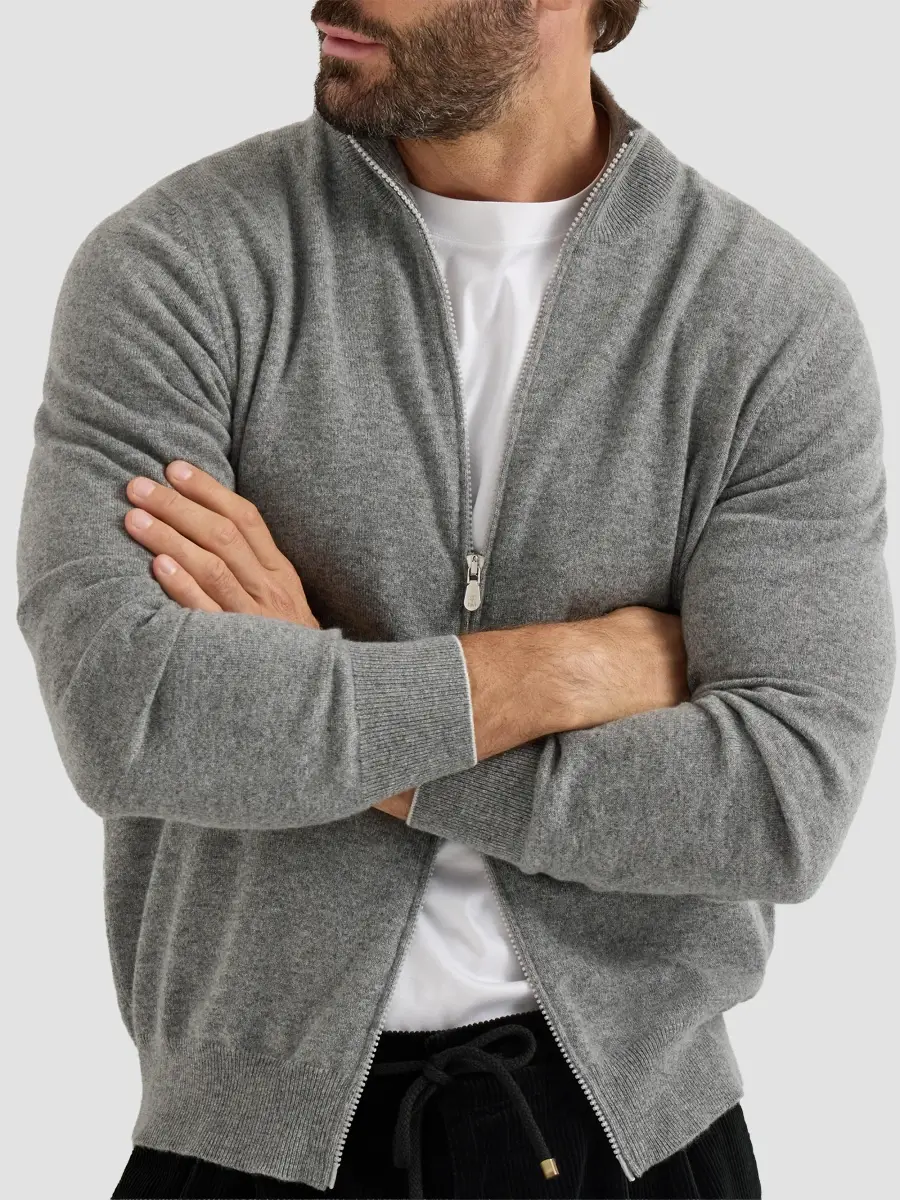 Brunello Cucinelli Men's Cashmere High-Neck Cardigan with Zipper - Dark Grey | Thumbnail 5 Brunello Cucinelli Men's Cashmere High-Neck Cardigan with Zipper - Dark Grey | Thumbnail 5