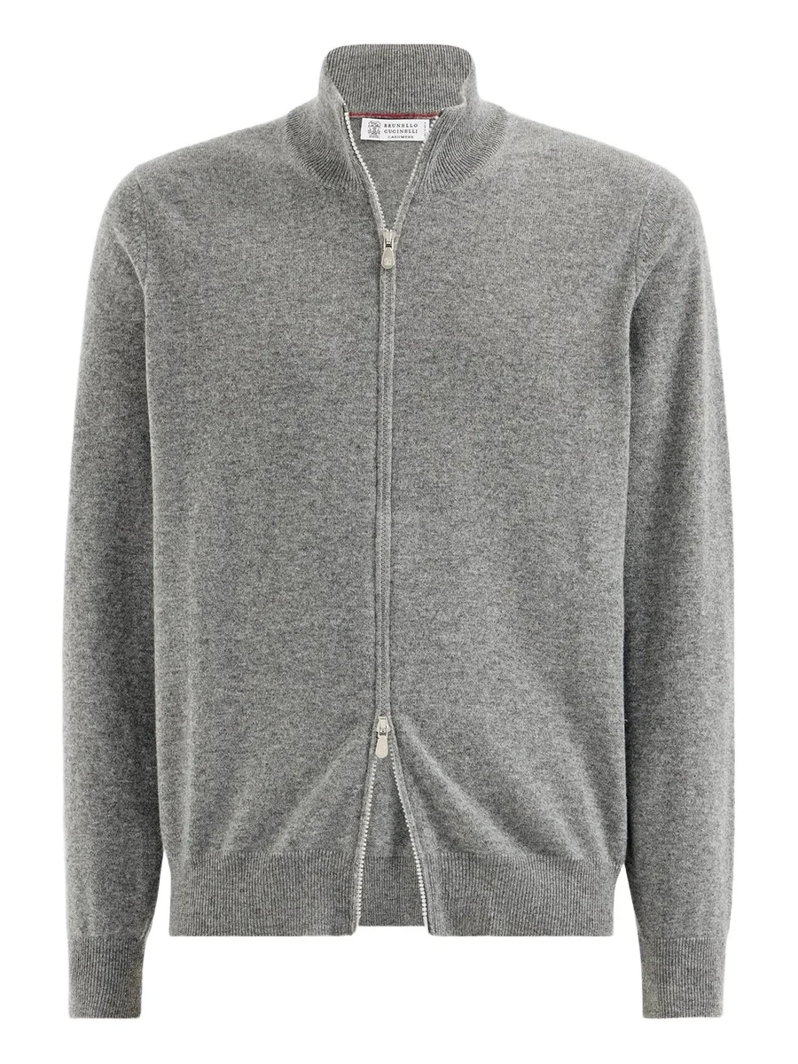 Brunello Cucinelli Men's Cashmere High-Neck Cardigan with Zipper - Dark Grey