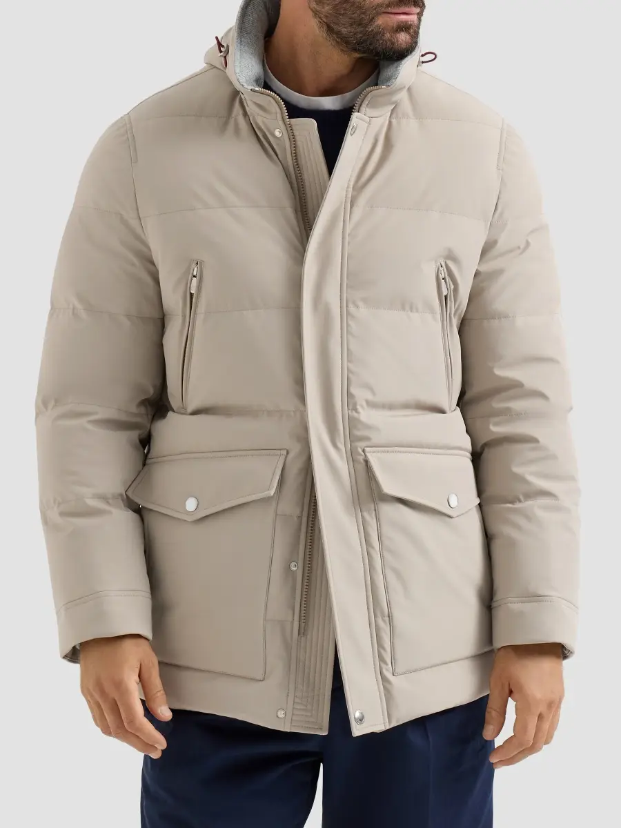 Brunello Cucinelli Men's Stretch Bonded Nylon Down Parka with Detachable Hood - Beige | Thumbnail 3 Brunello Cucinelli Men's Stretch Bonded Nylon Down Parka with Detachable Hood - Beige | Thumbnail 3
