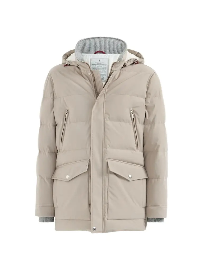 Brunello Cucinelli Men's Stretch Bonded Nylon Down Parka with Detachable Hood - Beige