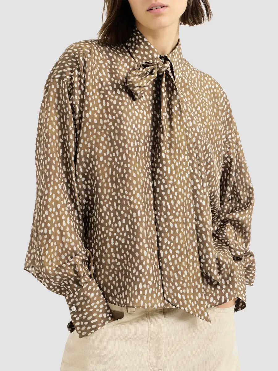 Brunello Cucinelli Women's Silk Dapple Pongee Pussybow Blouse with Monili - Dattero | Thumbnail 3