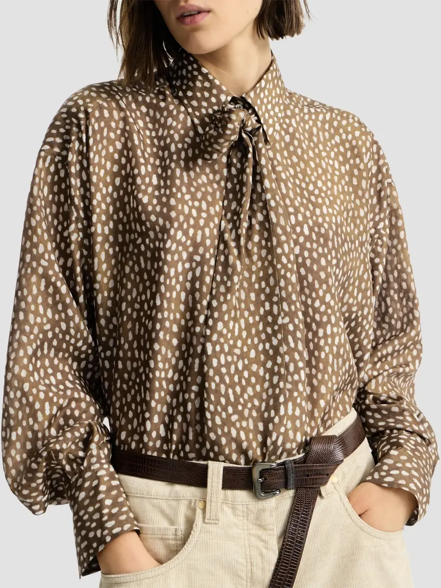 Brunello Cucinelli Women's Silk Dapple Pongee Pussybow Blouse with Monili - Dattero | Thumbnail 5