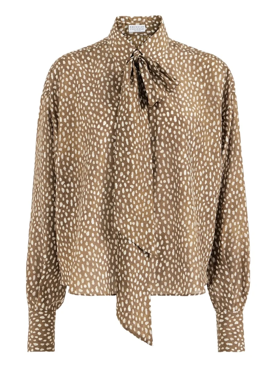 Women's Silk Dapple Pongee Pussybow Blouse with Monili - Dattero