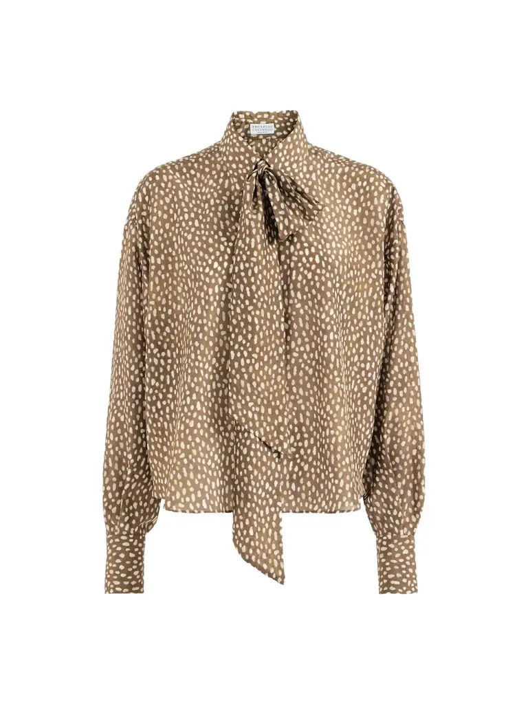 Women's Silk Dapple Pongee Pussybow Blouse with Monili - Dattero