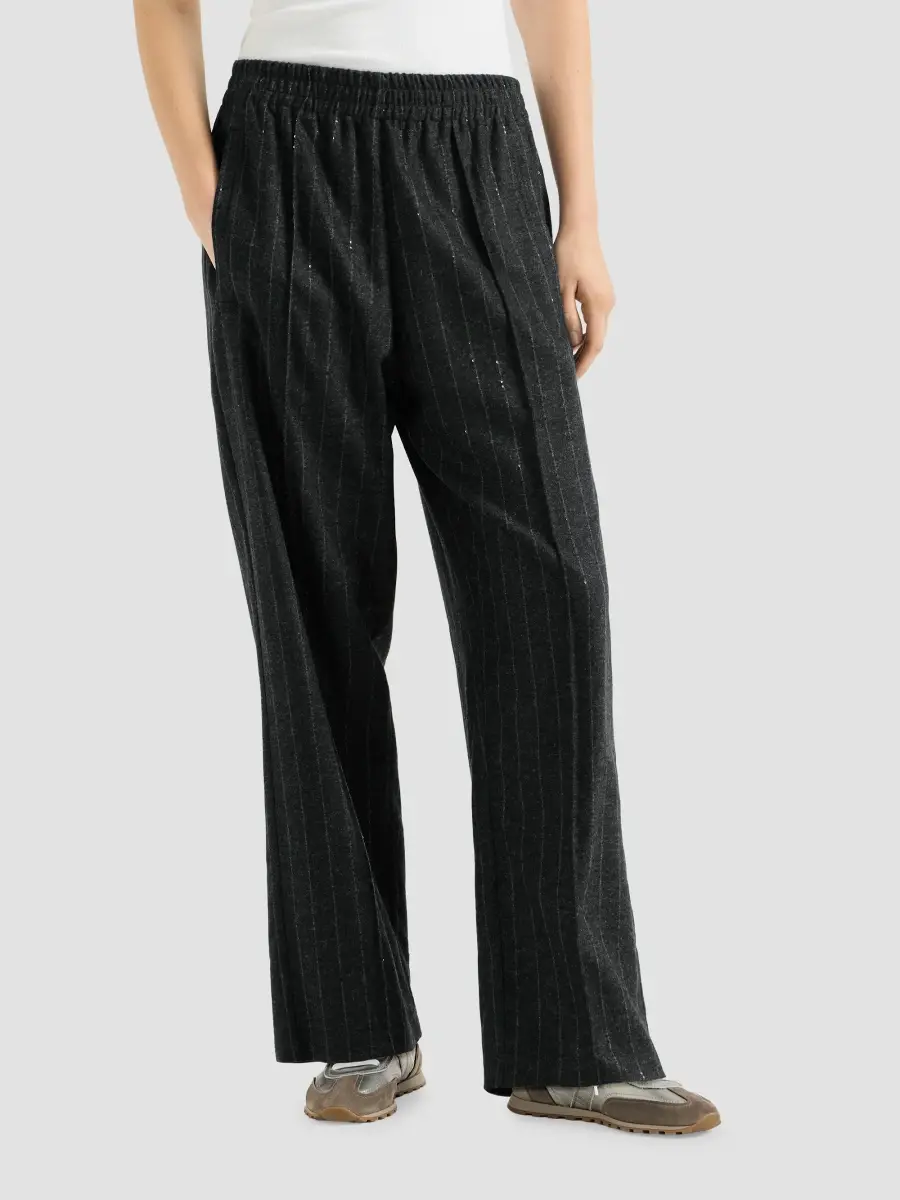 Brunello Cucinelli Women's Comfort Virgin Wool Dazzling Chalk Stripe Track Trousers | Thumbnail 2 Brunello Cucinelli Women's Comfort Virgin Wool Dazzling Chalk Stripe Track Trousers | Thumbnail 2