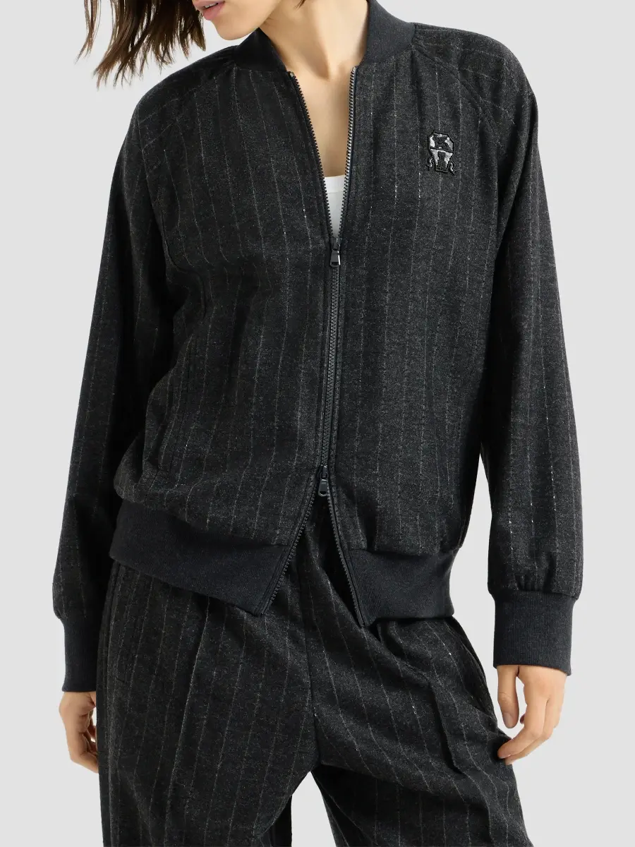 Brunello Cucinelli Women's Comfort Virgin Wool Dazzling Chalk Stripe Sweatshirt with Logo - Anthracite | Thumbnail 2 Brunello Cucinelli Women's Comfort Virgin Wool Dazzling Chalk Stripe Sweatshirt with Logo - Anthracite | Thumbnail 2
