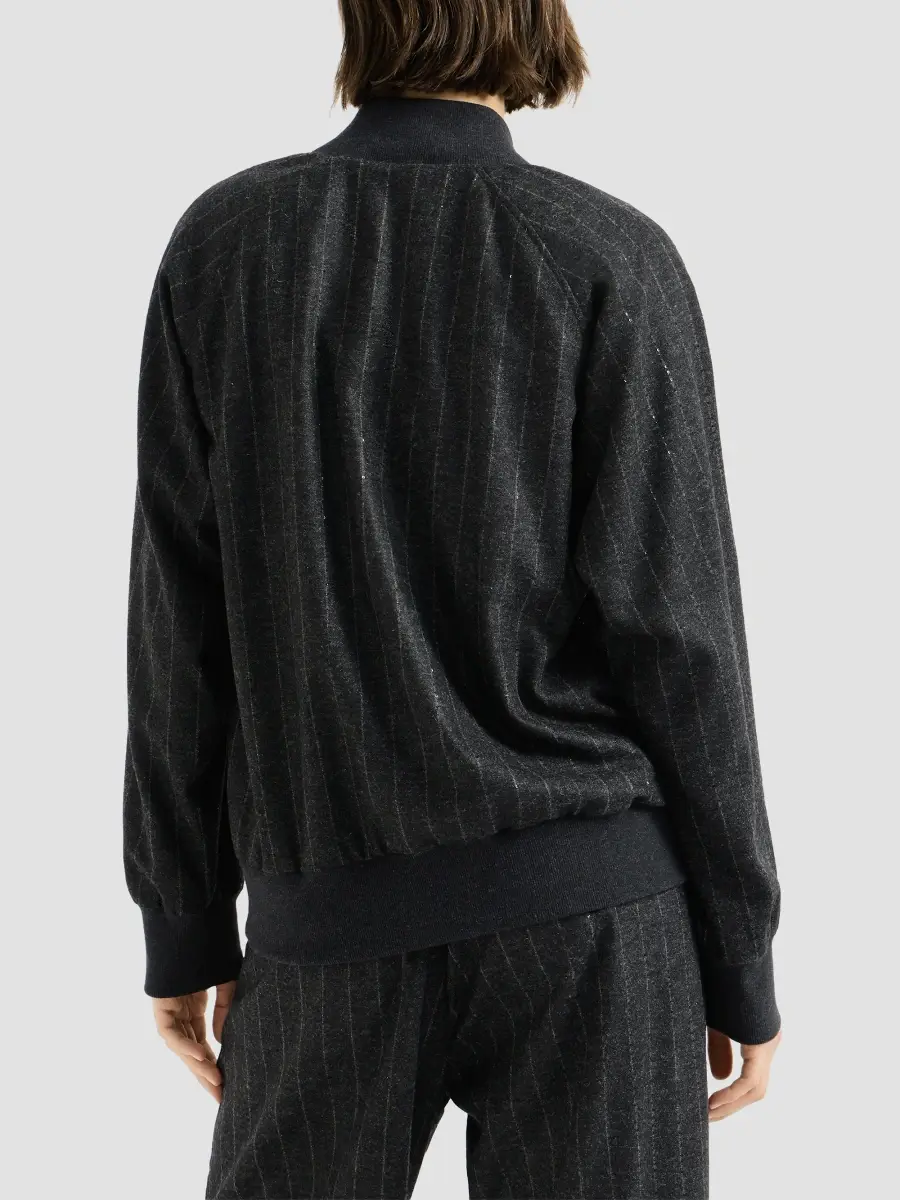Brunello Cucinelli Women's Comfort Virgin Wool Dazzling Chalk Stripe Sweatshirt with Logo - Anthracite | Thumbnail 3 Brunello Cucinelli Women's Comfort Virgin Wool Dazzling Chalk Stripe Sweatshirt with Logo - Anthracite | Thumbnail 3