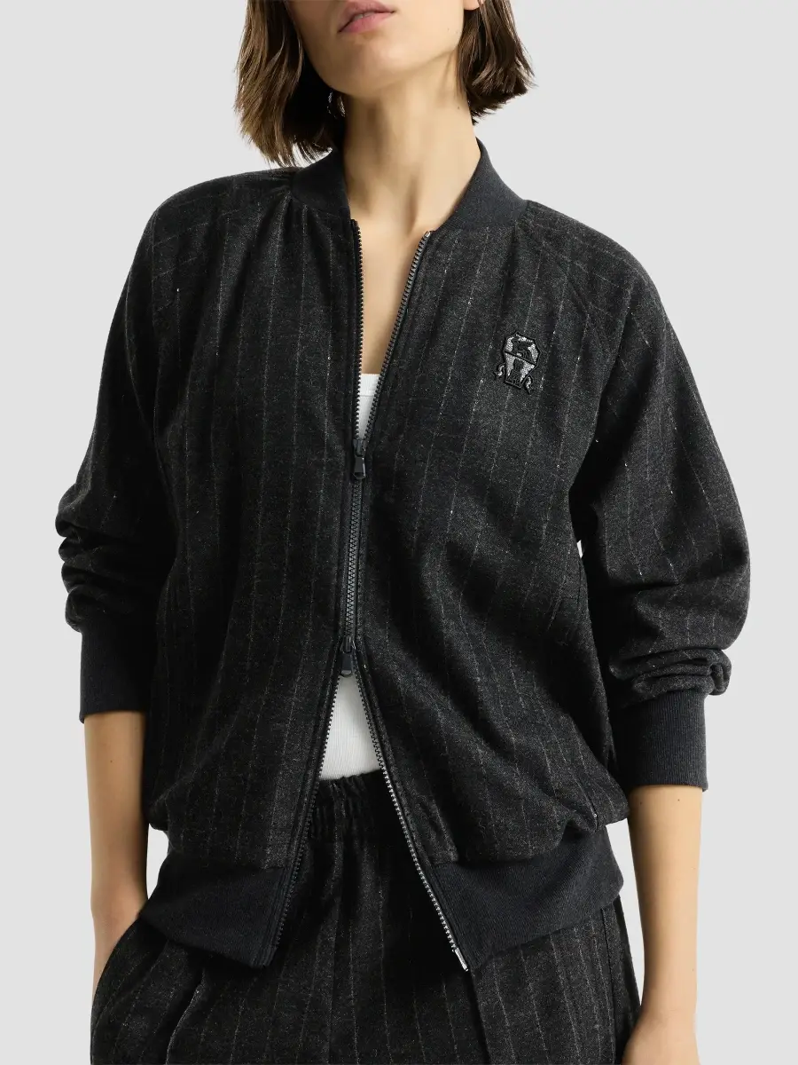 Brunello Cucinelli Women's Comfort Virgin Wool Dazzling Chalk Stripe Sweatshirt with Logo - Anthracite | Thumbnail 4 Brunello Cucinelli Women's Comfort Virgin Wool Dazzling Chalk Stripe Sweatshirt with Logo - Anthracite | Thumbnail 4