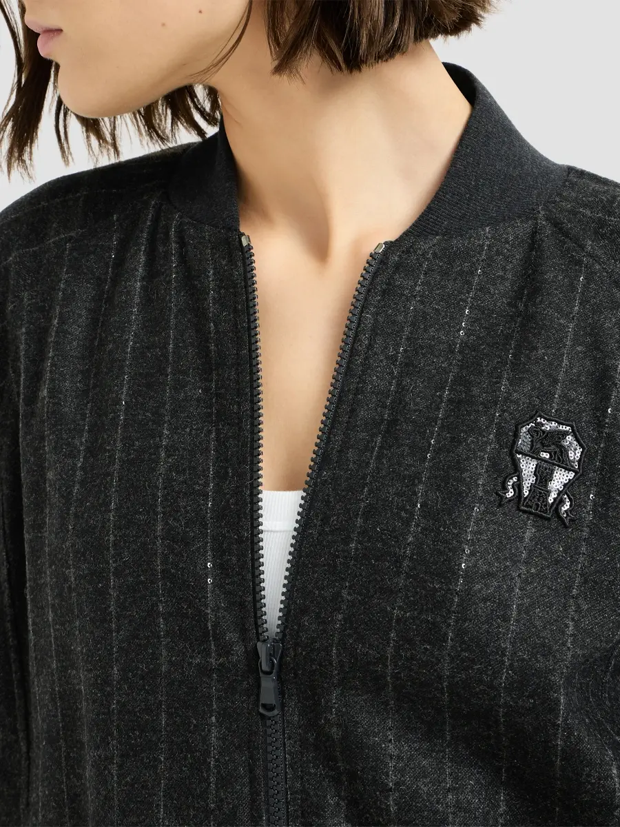 Brunello Cucinelli Women's Comfort Virgin Wool Dazzling Chalk Stripe Sweatshirt with Logo - Anthracite | Thumbnail 5 Brunello Cucinelli Women's Comfort Virgin Wool Dazzling Chalk Stripe Sweatshirt with Logo - Anthracite | Thumbnail 5