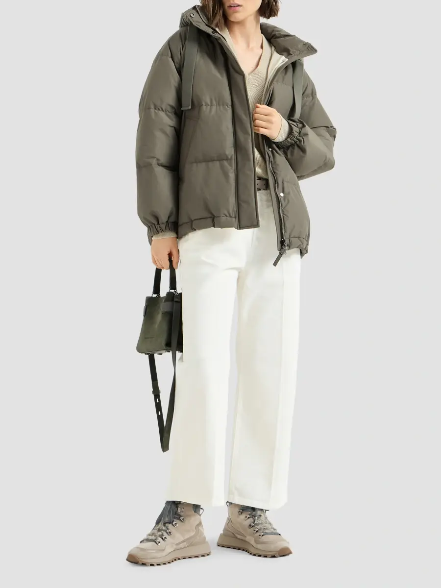 Brunello Cucinelli Women's Techno Cotton Taffeta Down Jacket with Detachable Cashmere Knit Hood | Thumbnail 2 Brunello Cucinelli Women's Techno Cotton Taffeta Down Jacket with Detachable Cashmere Knit Hood | Thumbnail 2