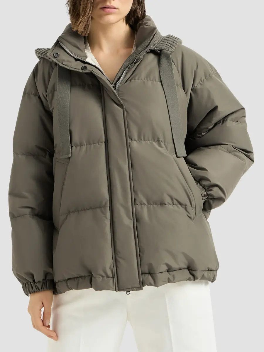 Brunello Cucinelli Women's Techno Cotton Taffeta Down Jacket with Detachable Cashmere Knit Hood | Thumbnail 3 Brunello Cucinelli Women's Techno Cotton Taffeta Down Jacket with Detachable Cashmere Knit Hood | Thumbnail 3