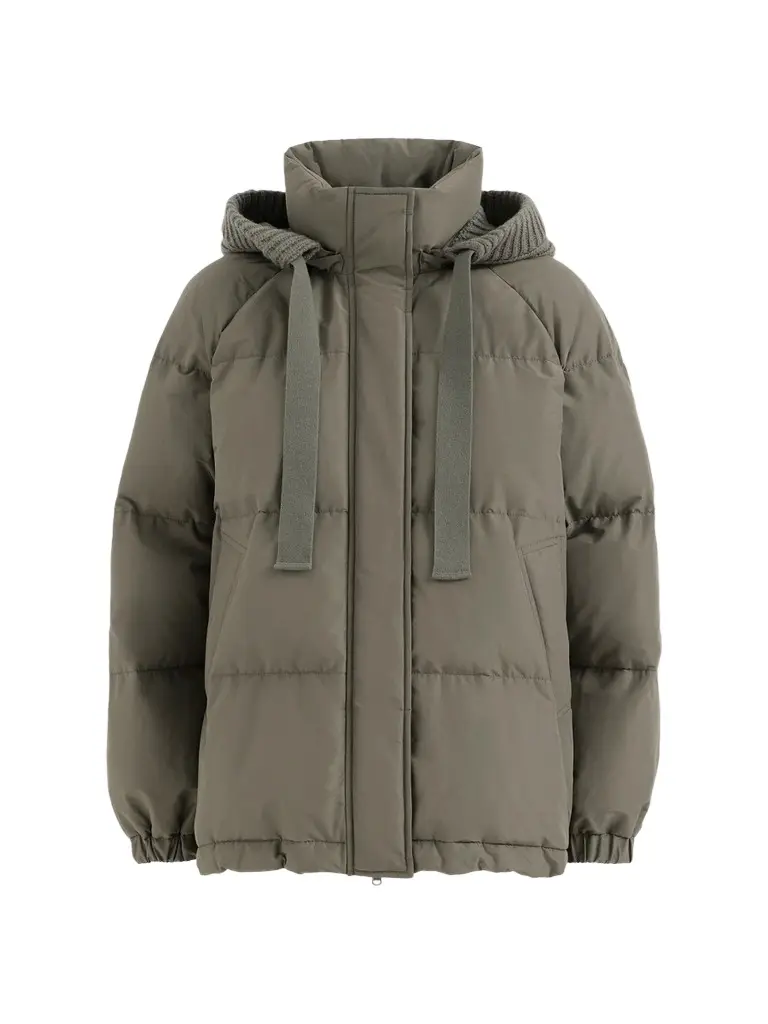Brunello Cucinelli Women's Techno Cotton Taffeta Down Jacket with Detachable Cashmere Knit Hood