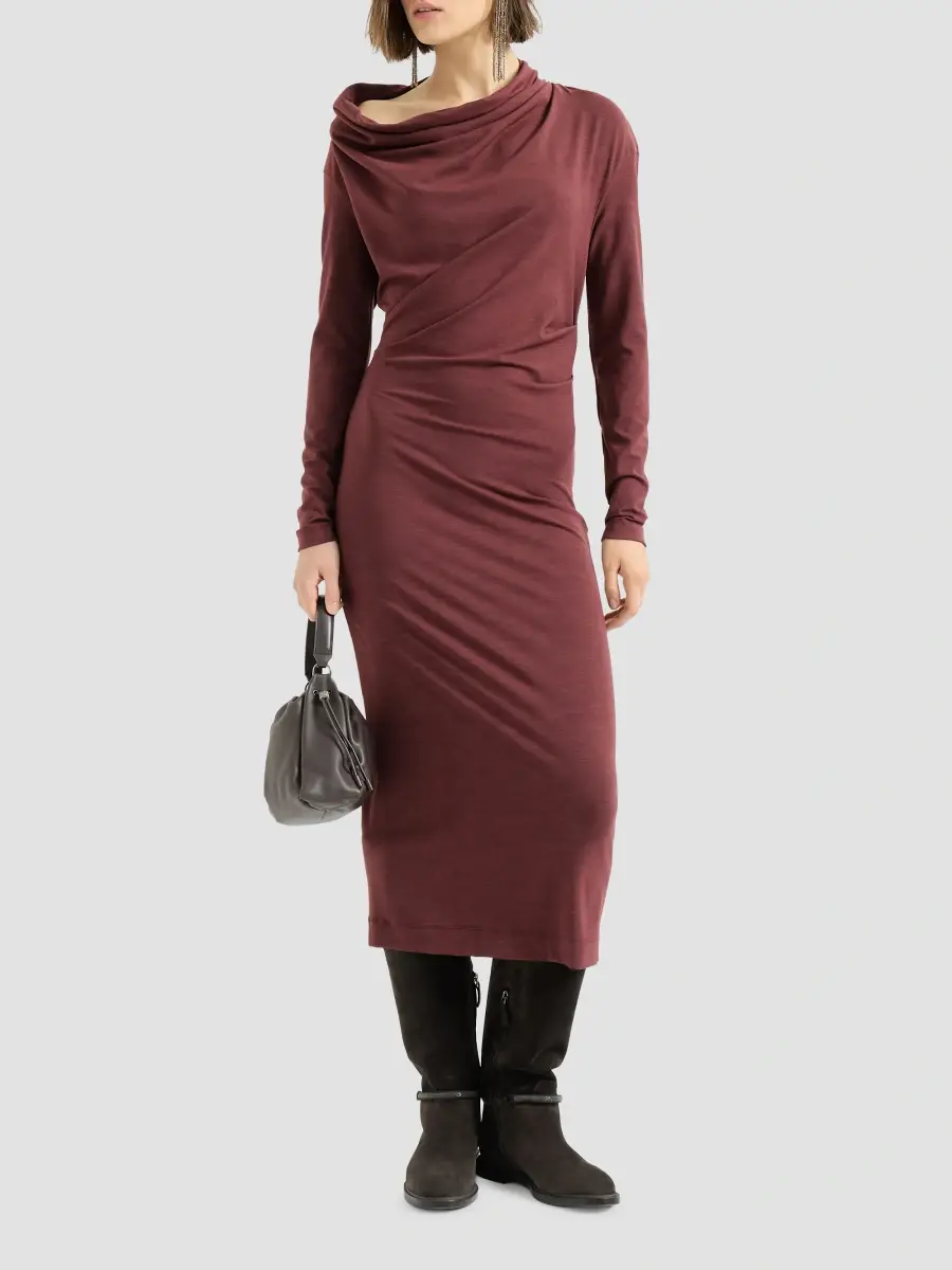 Brunello Cucinelli Women's Techno Wool Jersey Dress with Draping and Monili - Red | Thumbnail 2 Brunello Cucinelli Women's Techno Wool Jersey Dress with Draping and Monili - Red | Thumbnail 2