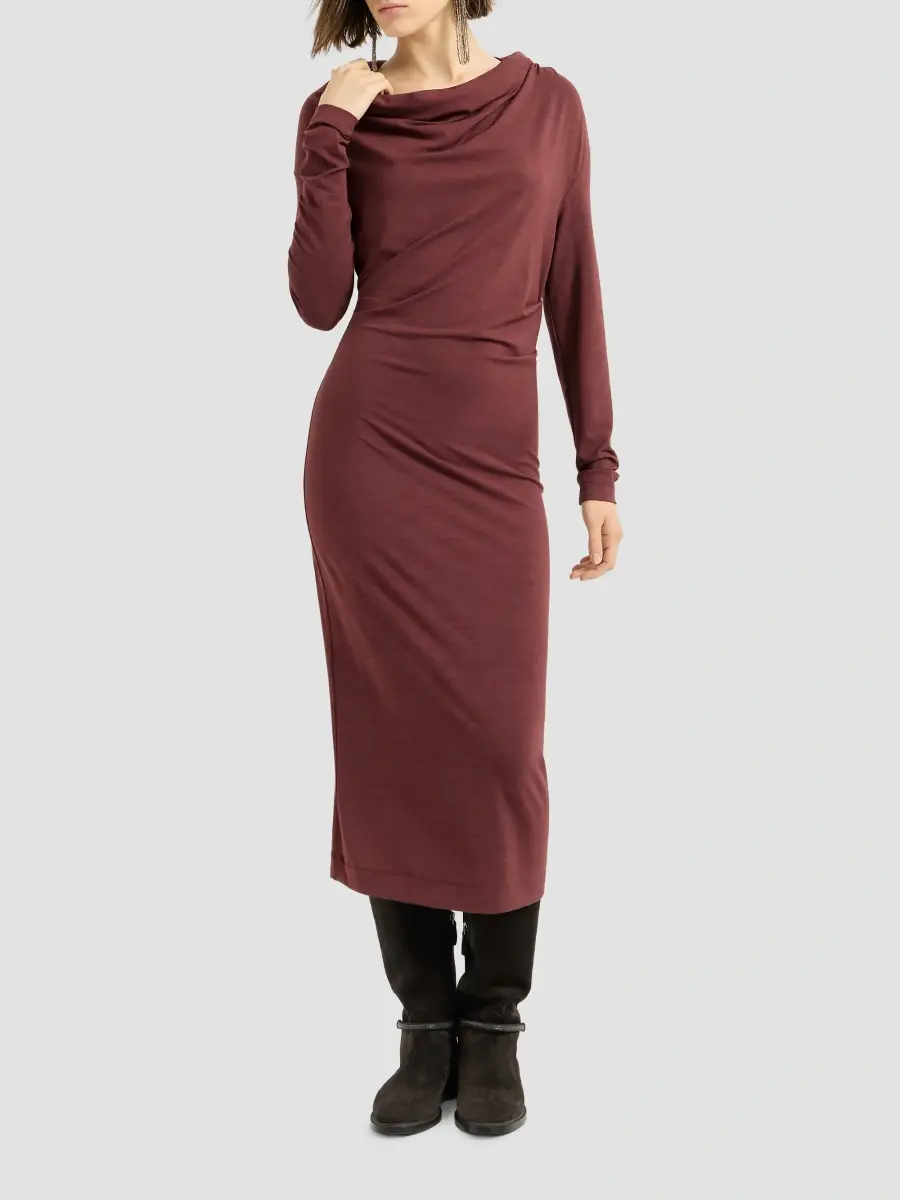 Brunello Cucinelli Women's Techno Wool Jersey Dress with Draping and Monili - Red | Thumbnail 3 Brunello Cucinelli Women's Techno Wool Jersey Dress with Draping and Monili - Red | Thumbnail 3