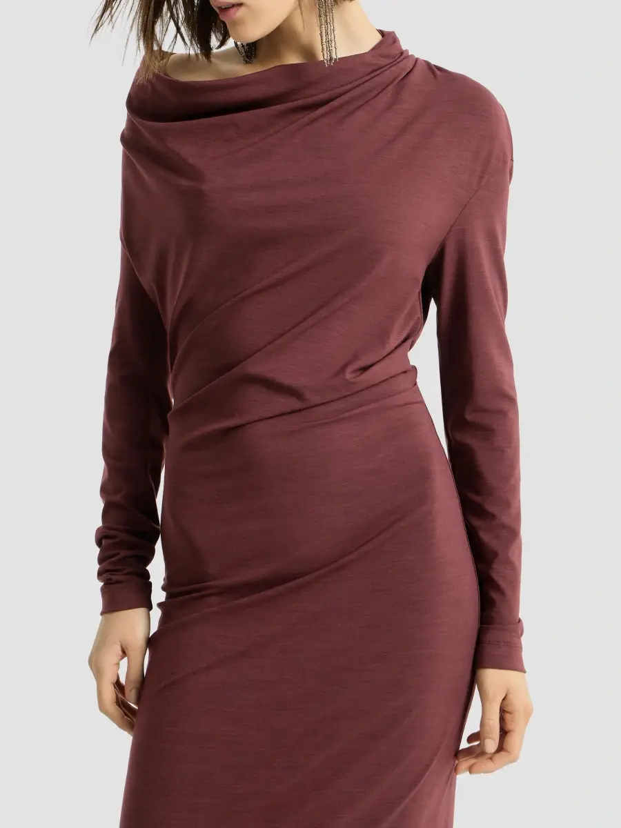 Brunello Cucinelli Women's Techno Wool Jersey Dress with Draping and Monili - Red | Thumbnail 6 Brunello Cucinelli Women's Techno Wool Jersey Dress with Draping and Monili - Red | Thumbnail 6