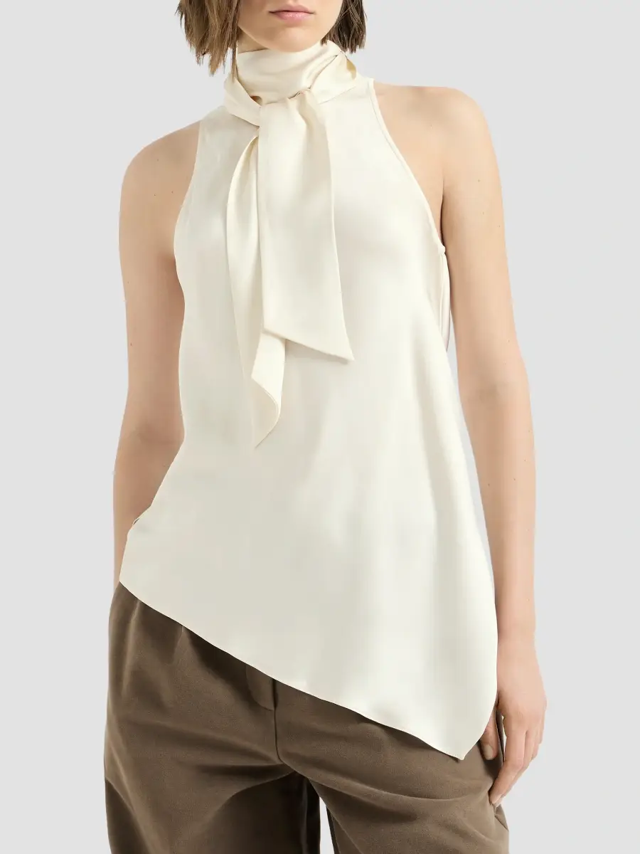 Brunello Cucinelli Women's Silk Satin Top with Monili - Panama | Thumbnail 3 Brunello Cucinelli Women's Silk Satin Top with Monili - Panama | Thumbnail 3