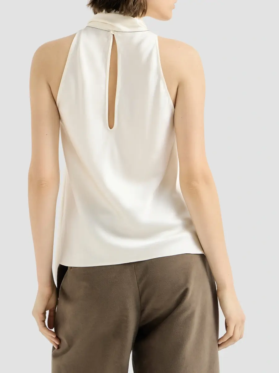 Brunello Cucinelli Women's Silk Satin Top with Monili - Panama | Thumbnail 4 Brunello Cucinelli Women's Silk Satin Top with Monili - Panama | Thumbnail 4