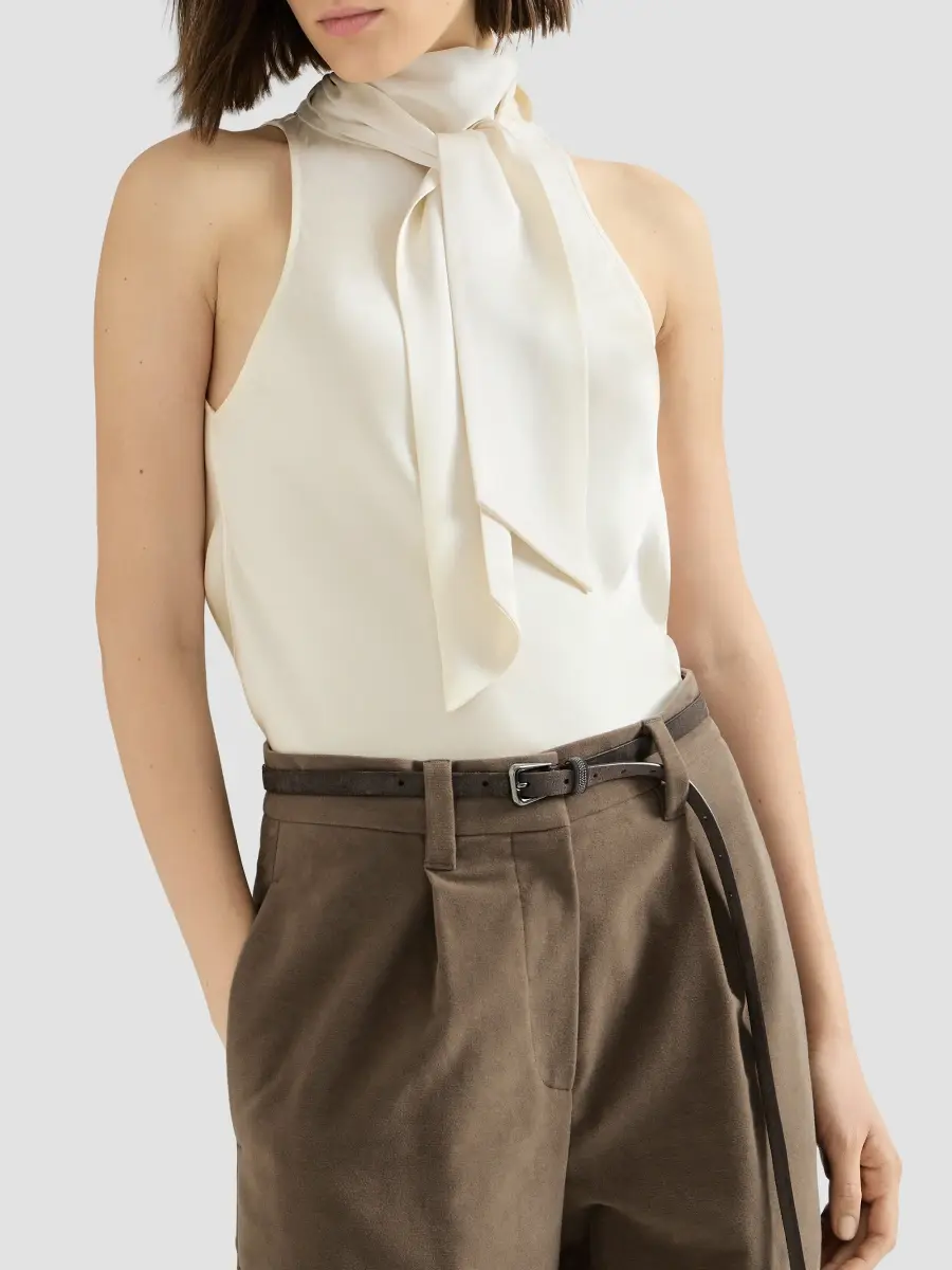 Brunello Cucinelli Women's Silk Satin Top with Monili - Panama | Thumbnail 6 Brunello Cucinelli Women's Silk Satin Top with Monili - Panama | Thumbnail 6