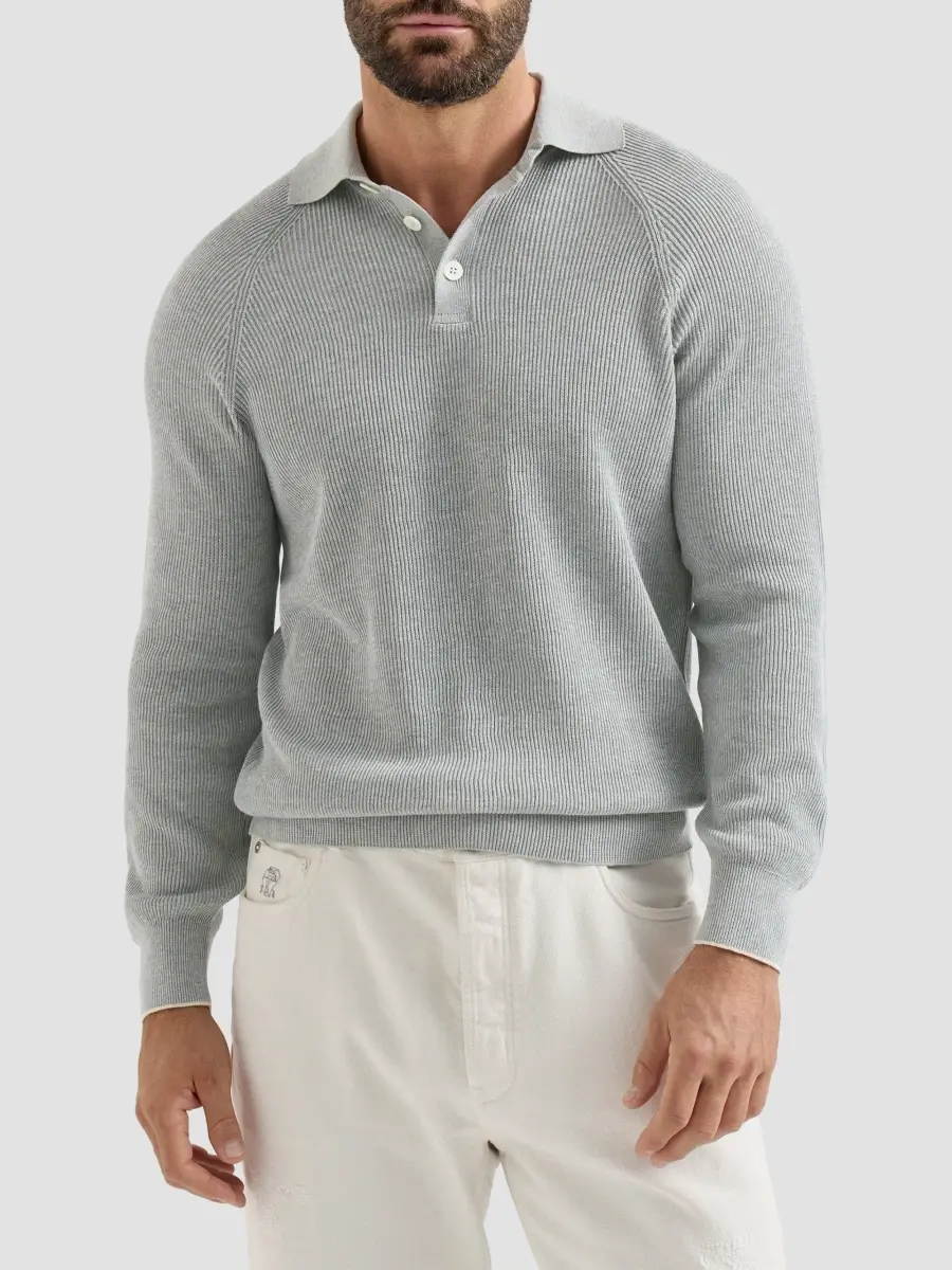 Brunello Cucinelli Men's Cotton English Rib Knit Polo Shirt | Thumbnail 3 Brunello Cucinelli Men's Cotton English Rib Knit Polo Shirt | Thumbnail 3