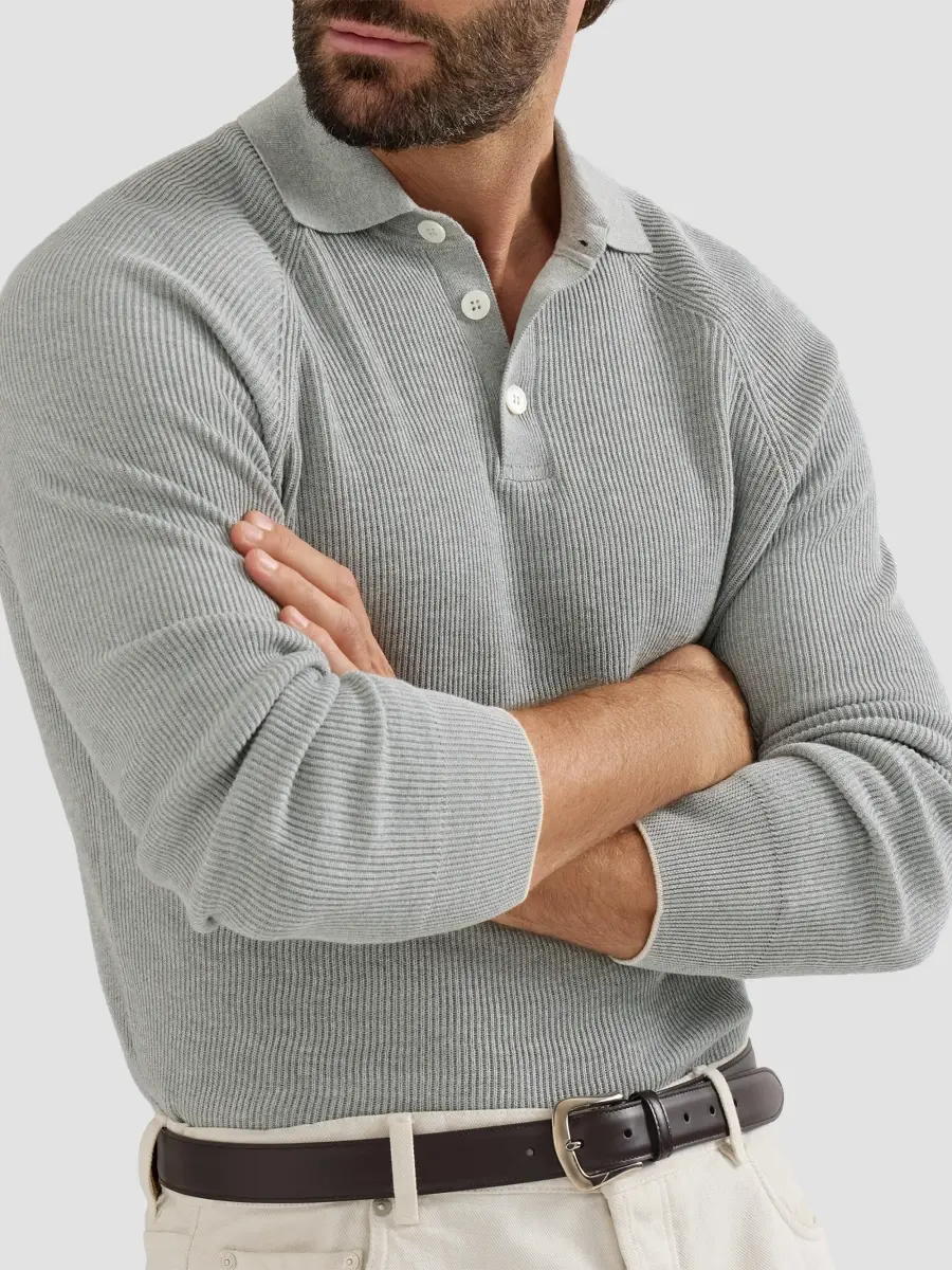 Brunello Cucinelli Men's Cotton English Rib Knit Polo Shirt | Thumbnail 5 Brunello Cucinelli Men's Cotton English Rib Knit Polo Shirt | Thumbnail 5