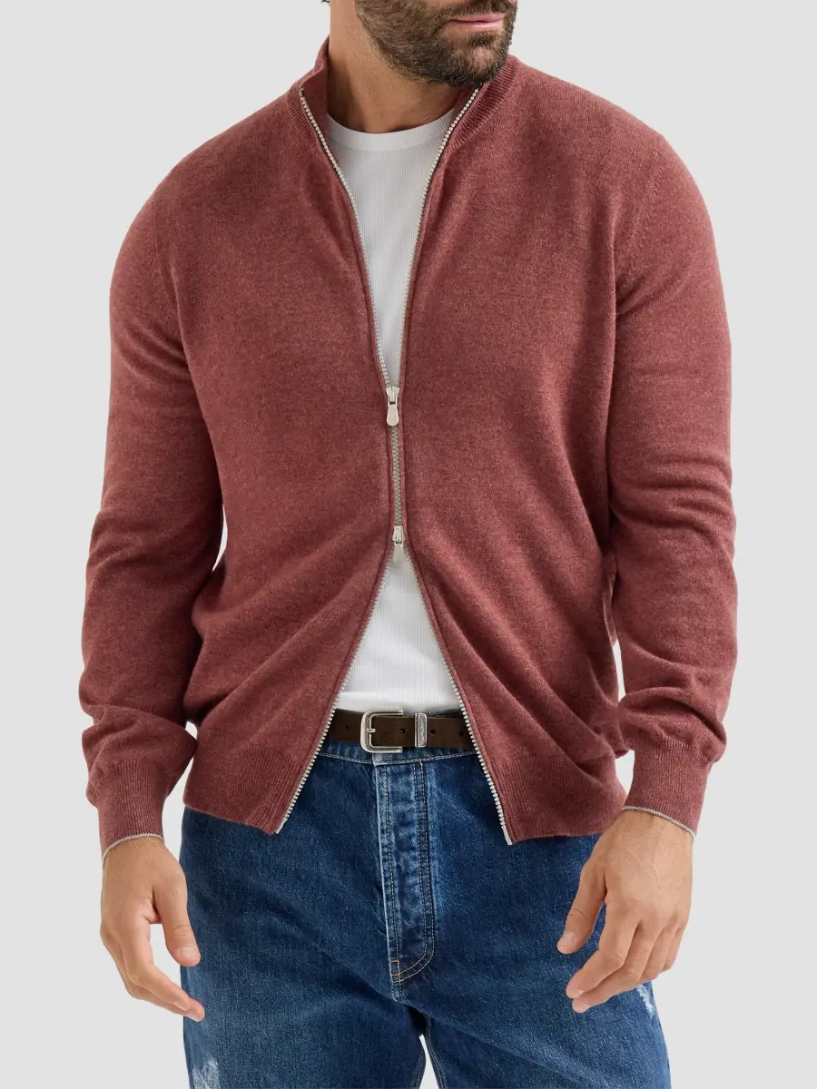 Brunello Cucinelli Men's Cashmere High-Neck Cardigan with Zipper - Lava | Thumbnail 3