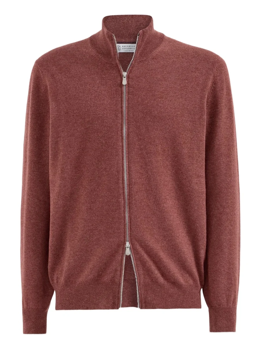Brunello Cucinelli Men's Cashmere High-Neck Cardigan with Zipper - Lava