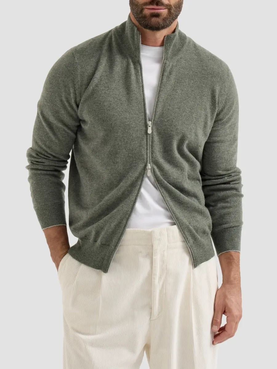 Brunello Cucinelli Men's Cashmere High-Neck Cardigan with Zipper - Green | Thumbnail 3 Brunello Cucinelli Men's Cashmere High-Neck Cardigan with Zipper - Green | Thumbnail 3