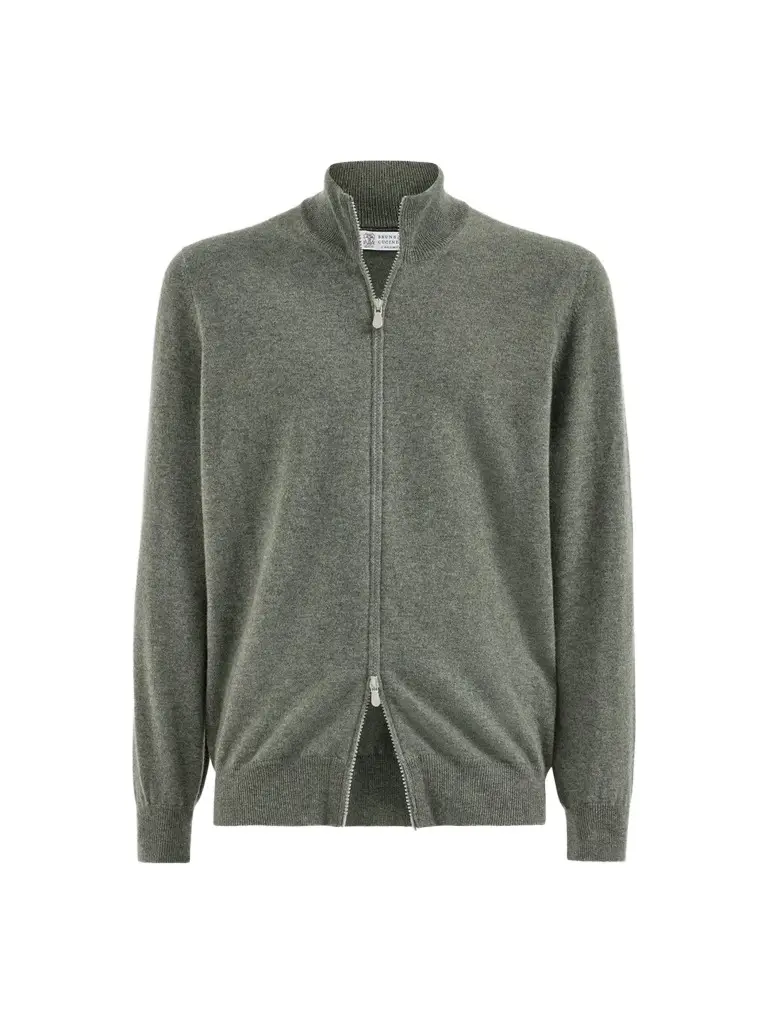 Men's Cashmere High-Neck Cardigan with Zipper - Green Men's Cashmere High-Neck Cardigan with Zipper - Green