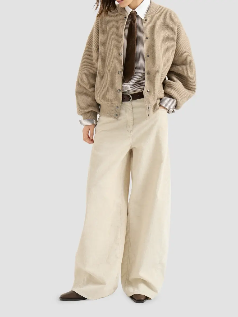 Brunello Cucinelli Women's Garment-Dyed Wide Jeans in Cotton and Linen Corduroy - Ecru | Thumbnail 2 Brunello Cucinelli Women's Garment-Dyed Wide Jeans in Cotton and Linen Corduroy - Ecru | Thumbnail 2