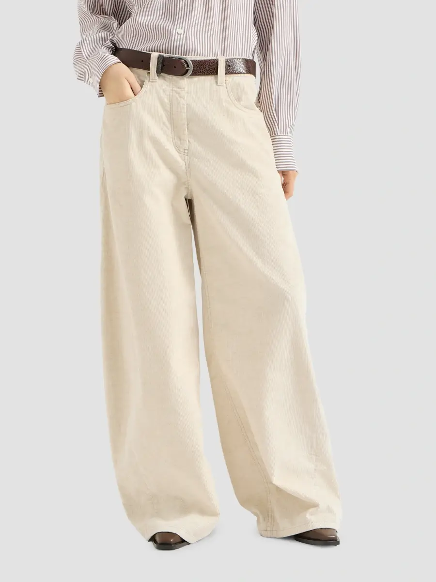 Brunello Cucinelli Women's Garment-Dyed Wide Jeans in Cotton and Linen Corduroy - Ecru | Thumbnail 3 Brunello Cucinelli Women's Garment-Dyed Wide Jeans in Cotton and Linen Corduroy - Ecru | Thumbnail 3