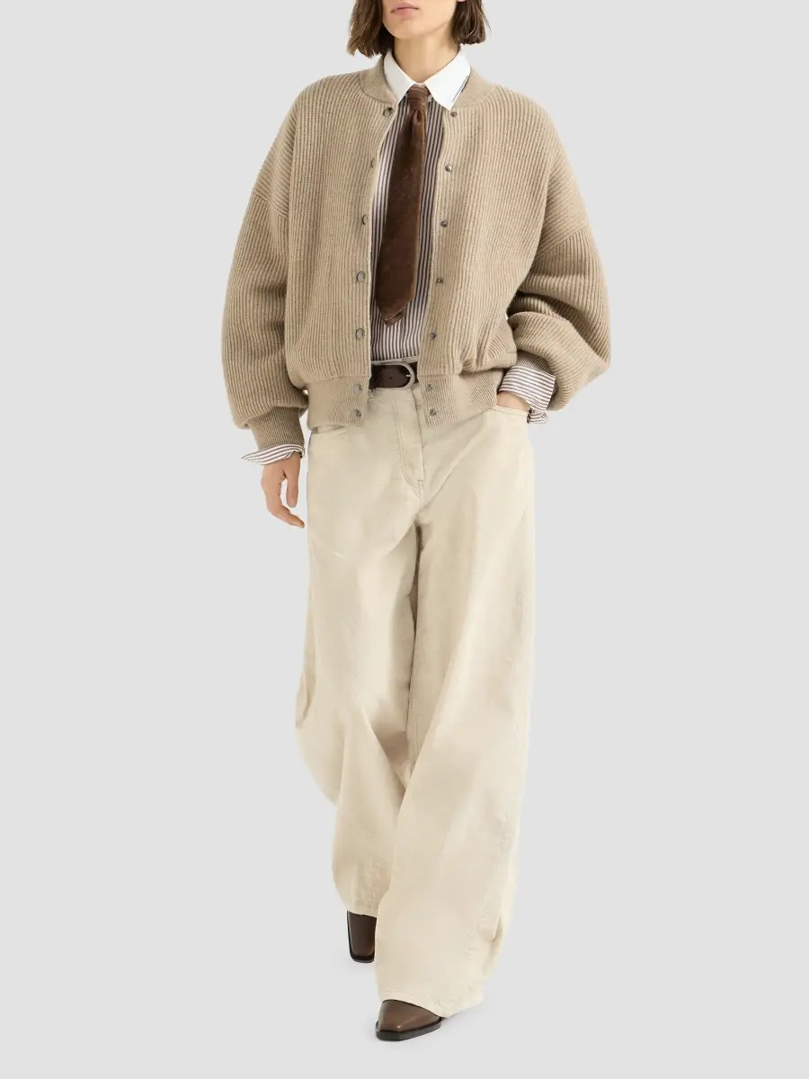 Brunello Cucinelli Women's Garment-Dyed Wide Jeans in Cotton and Linen Corduroy - Ecru | Thumbnail 6 Brunello Cucinelli Women's Garment-Dyed Wide Jeans in Cotton and Linen Corduroy - Ecru | Thumbnail 6