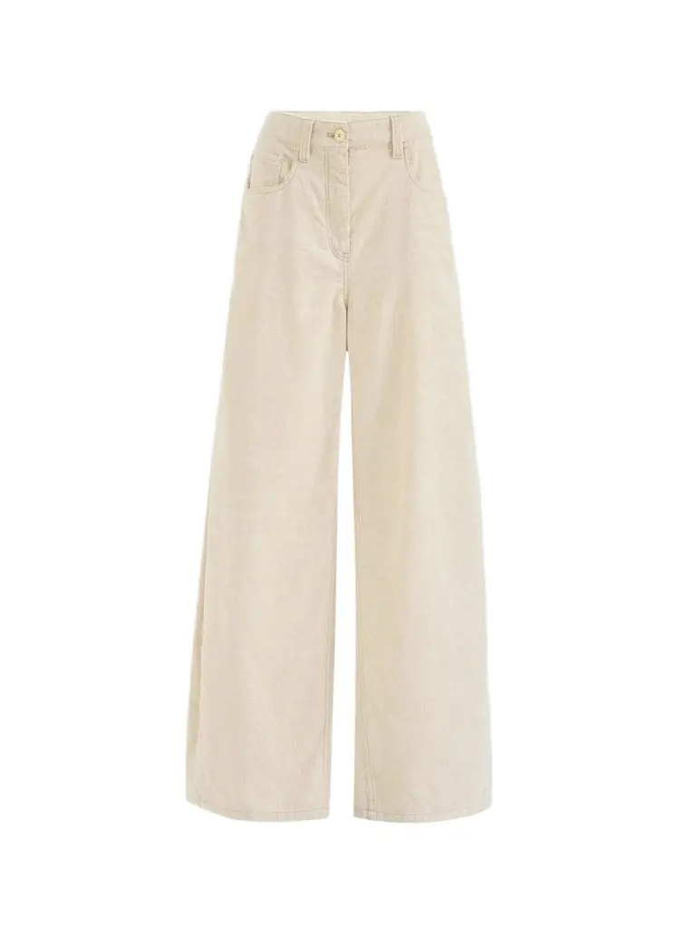 Women's Garment-Dyed Wide Jeans in Cotton and Linen Corduroy - Ecru Women's Garment-Dyed Wide Jeans in Cotton and Linen Corduroy - Ecru