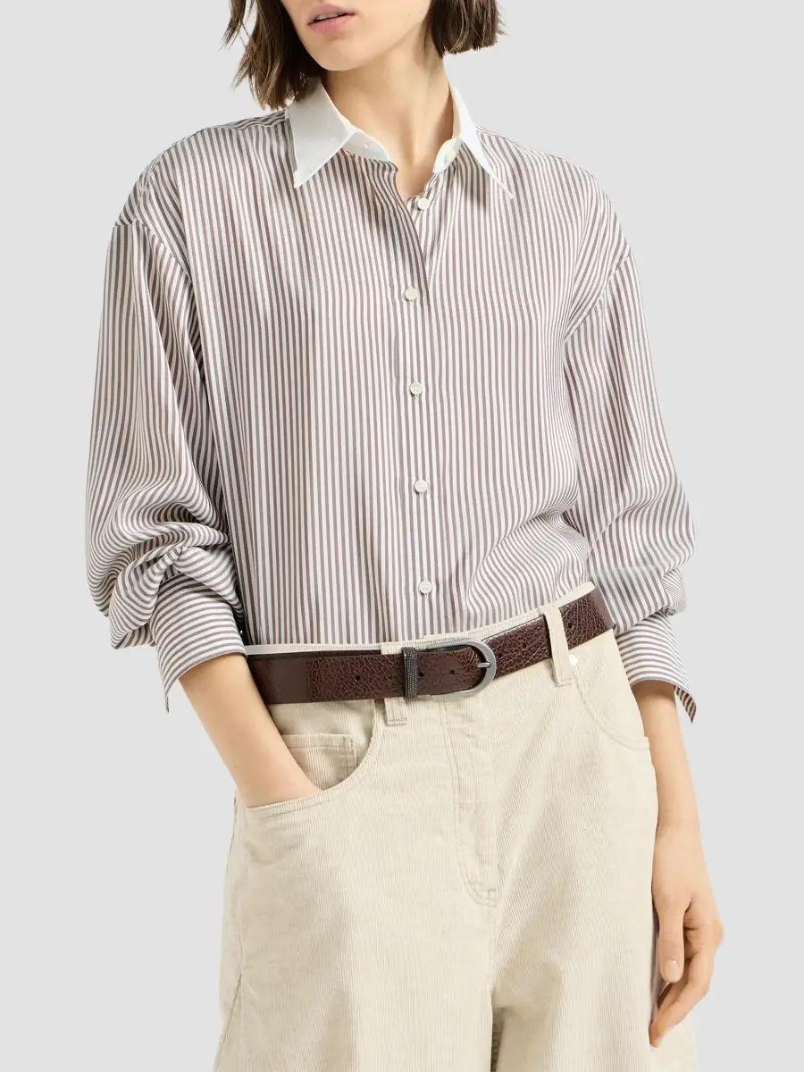 Brunello Cucinelli Women's Striped Silk Poplin Shirt with Monili - White | Thumbnail 3 Brunello Cucinelli Women's Striped Silk Poplin Shirt with Monili - White | Thumbnail 3