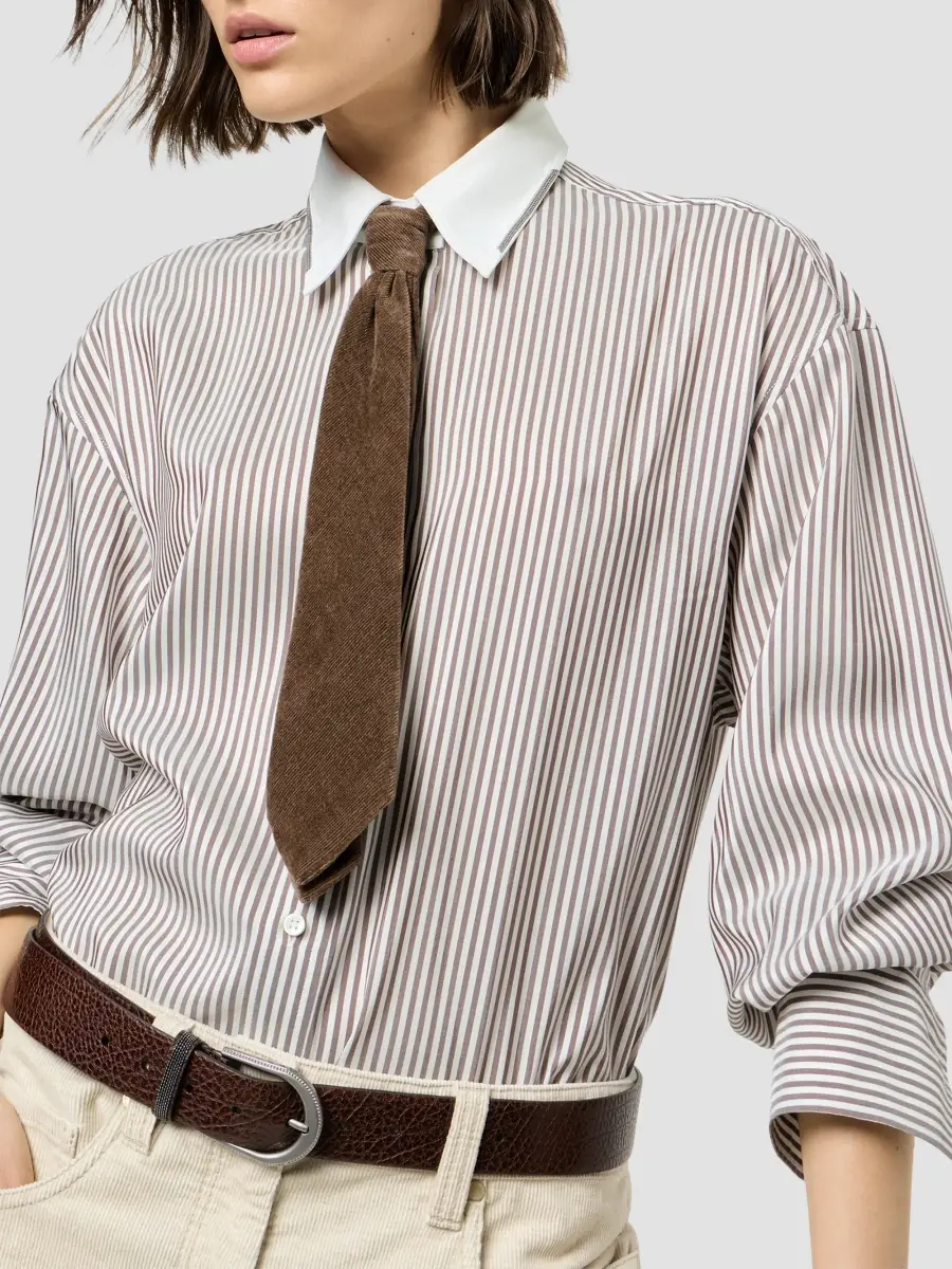 Brunello Cucinelli Women's Striped Silk Poplin Shirt with Monili - White | Thumbnail 5 Brunello Cucinelli Women's Striped Silk Poplin Shirt with Monili - White | Thumbnail 5