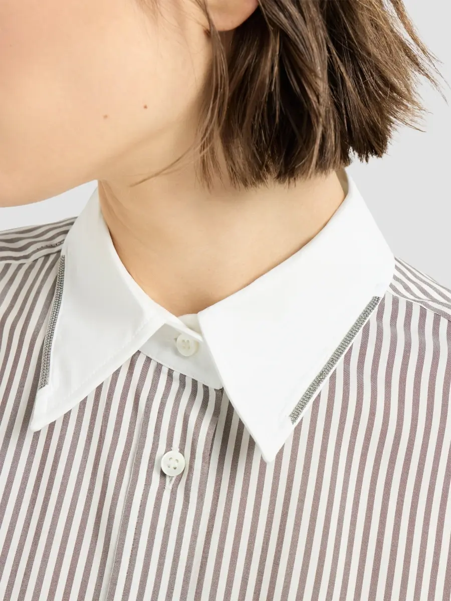 Brunello Cucinelli Women's Striped Silk Poplin Shirt with Monili - White | Thumbnail 6 Brunello Cucinelli Women's Striped Silk Poplin Shirt with Monili - White | Thumbnail 6