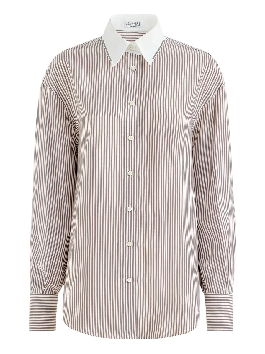 Women's Striped Silk Poplin Shirt with Monili - White Women's Striped Silk Poplin Shirt with Monili - White
