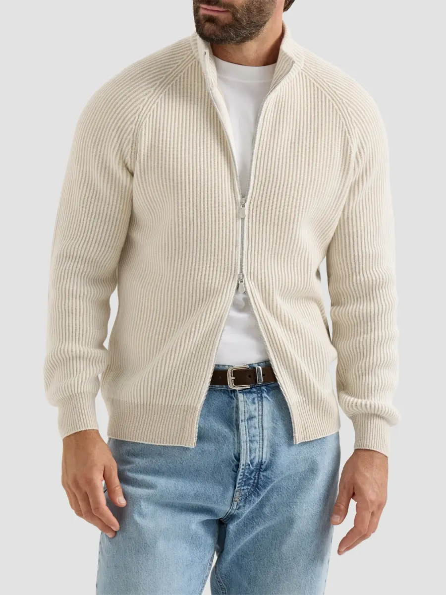 Brunello Cucinelli Men's Cashmere Vanisé English Rib High-Neck Cardigan with Zipper - Panama | Thumbnail 3 Brunello Cucinelli Men's Cashmere Vanisé English Rib High-Neck Cardigan with Zipper - Panama | Thumbnail 3