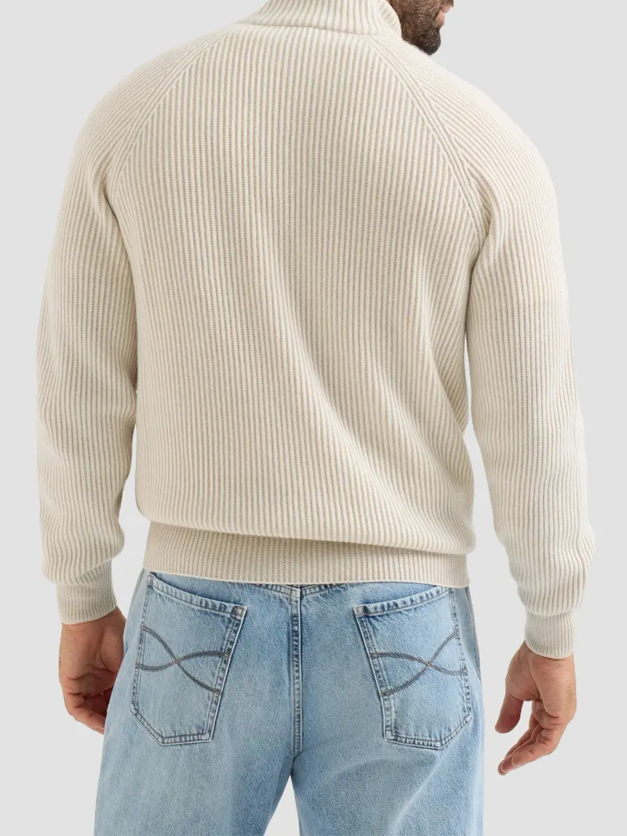 Brunello Cucinelli Men's Cashmere Vanisé English Rib High-Neck Cardigan with Zipper - Panama | Thumbnail 4 Brunello Cucinelli Men's Cashmere Vanisé English Rib High-Neck Cardigan with Zipper - Panama | Thumbnail 4
