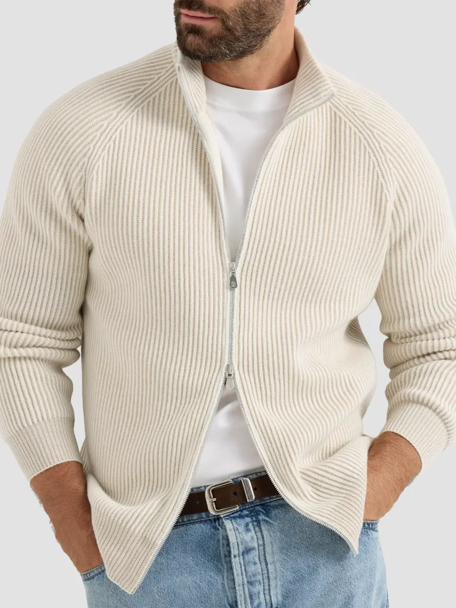 Brunello Cucinelli Men's Cashmere Vanisé English Rib High-Neck Cardigan with Zipper - Panama | Thumbnail 5 Brunello Cucinelli Men's Cashmere Vanisé English Rib High-Neck Cardigan with Zipper - Panama | Thumbnail 5