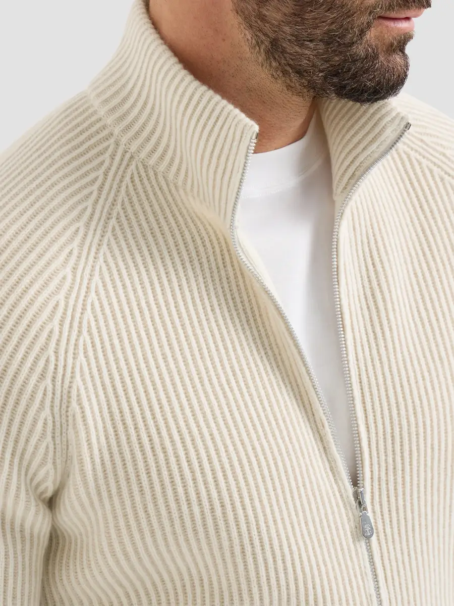 Brunello Cucinelli Men's Cashmere Vanisé English Rib High-Neck Cardigan with Zipper - Panama | Thumbnail 6 Brunello Cucinelli Men's Cashmere Vanisé English Rib High-Neck Cardigan with Zipper - Panama | Thumbnail 6