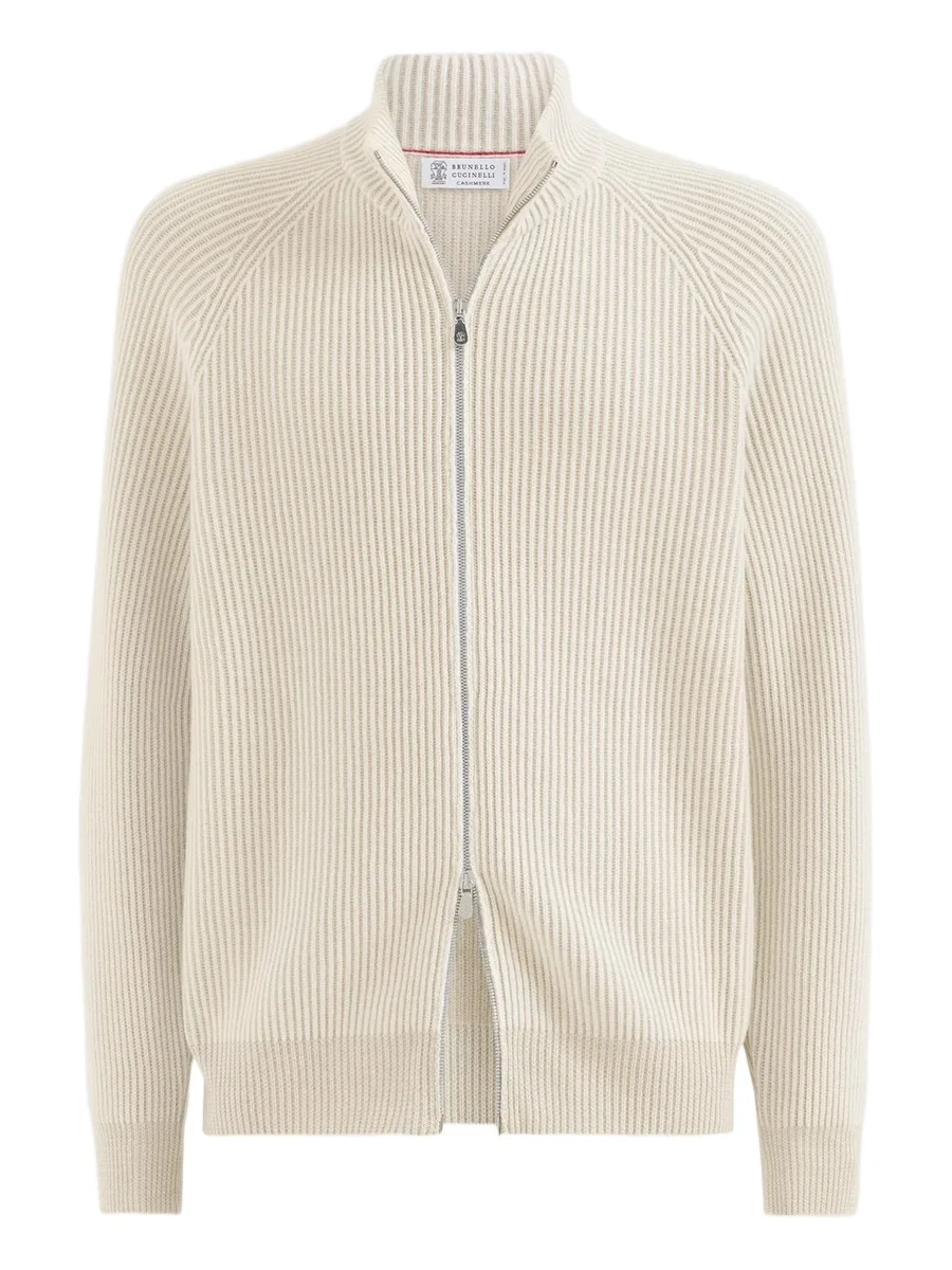 Men's Cashmere Vanisé English Rib High-Neck Cardigan with Zipper - Panama Men's Cashmere Vanisé English Rib High-Neck Cardigan with Zipper - Panama