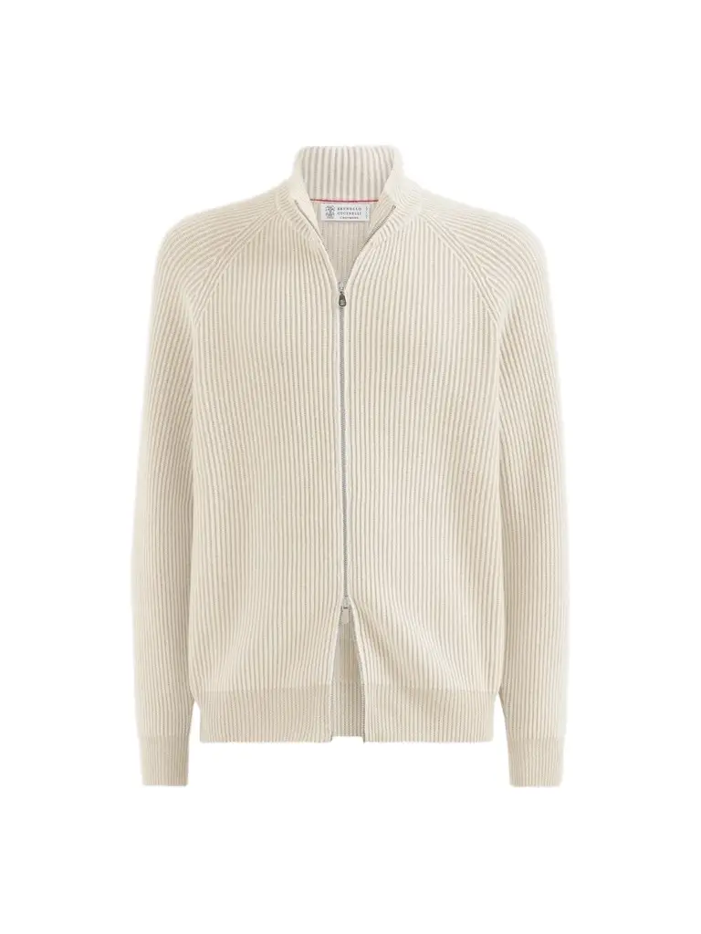 Brunello Cucinelli Men's Cashmere Vanisé English Rib High-Neck Cardigan with Zipper - Panama
