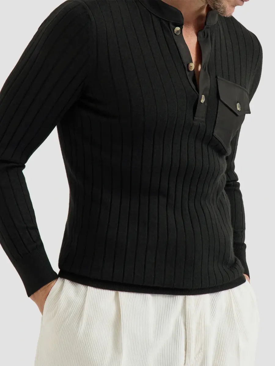 Brunello Cucinelli Men's Cashmere and Silk Ribbed Sweater with Henley Collar - Black | Thumbnail 2 Brunello Cucinelli Men's Cashmere and Silk Ribbed Sweater with Henley Collar - Black | Thumbnail 2