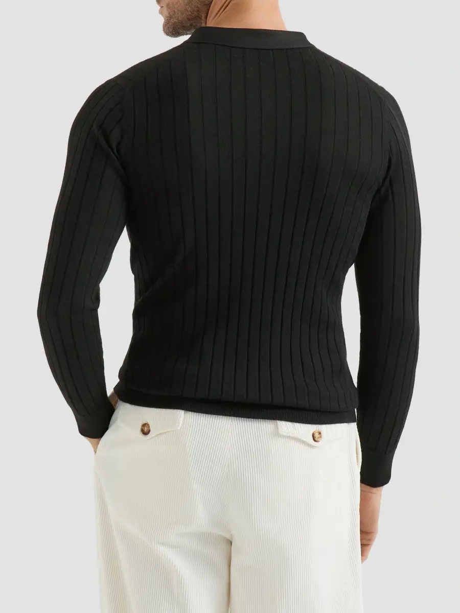 Brunello Cucinelli Men's Cashmere and Silk Ribbed Sweater with Henley Collar - Black | Thumbnail 3 Brunello Cucinelli Men's Cashmere and Silk Ribbed Sweater with Henley Collar - Black | Thumbnail 3