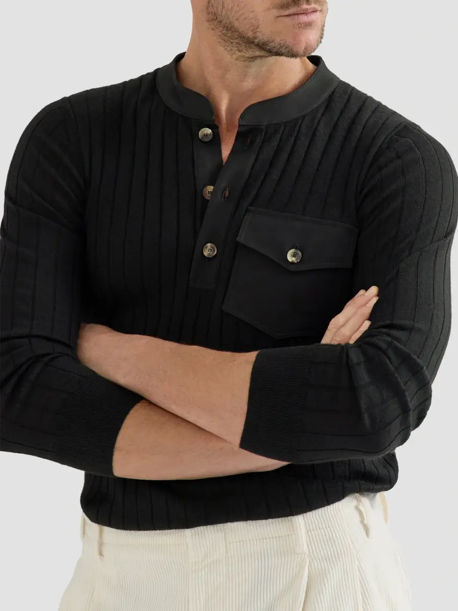 Brunello Cucinelli Men's Cashmere and Silk Ribbed Sweater with Henley Collar - Black | Thumbnail 4 Brunello Cucinelli Men's Cashmere and Silk Ribbed Sweater with Henley Collar - Black | Thumbnail 4