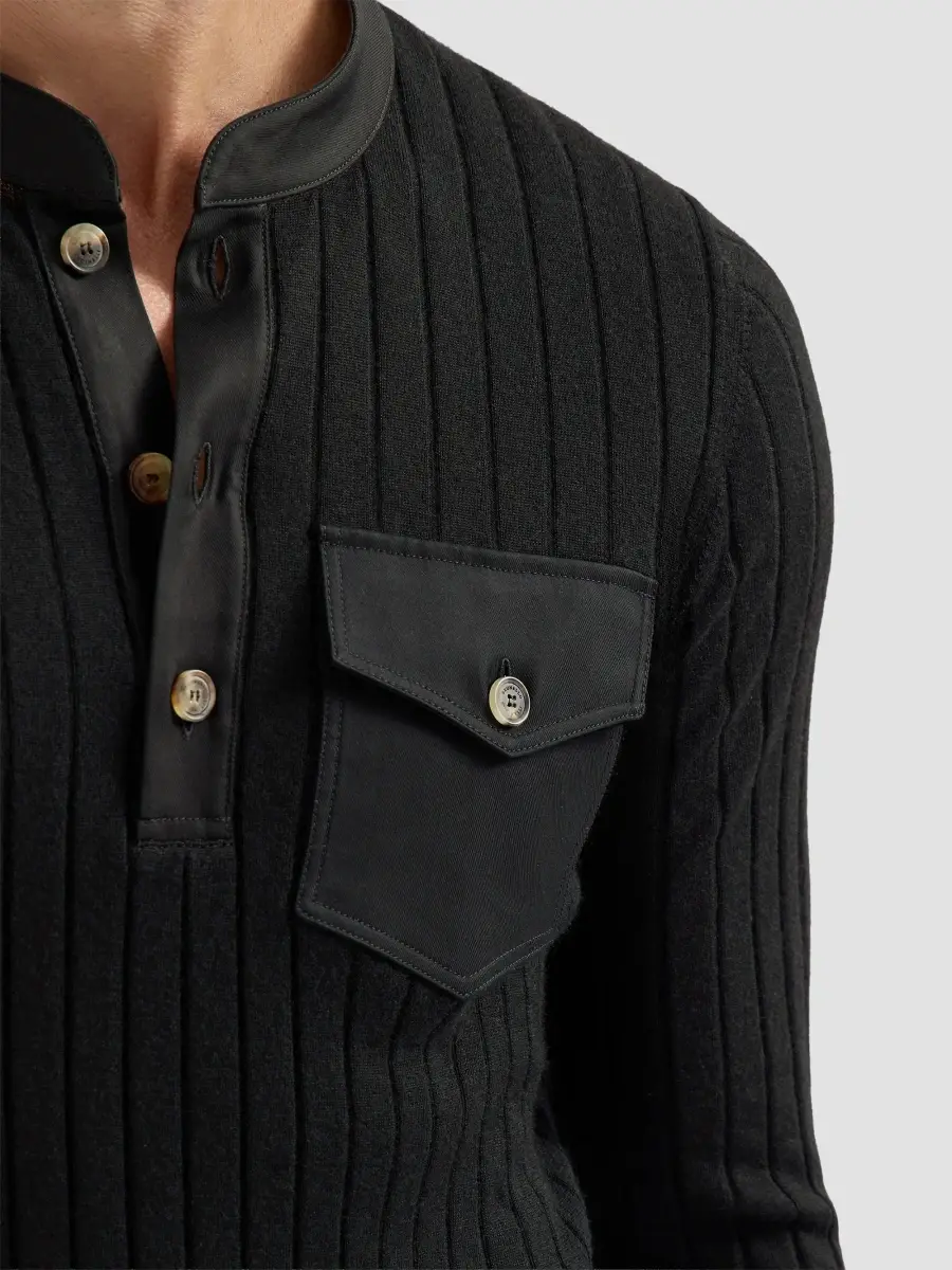 Brunello Cucinelli Men's Cashmere and Silk Ribbed Sweater with Henley Collar - Black | Thumbnail 5 Brunello Cucinelli Men's Cashmere and Silk Ribbed Sweater with Henley Collar - Black | Thumbnail 5