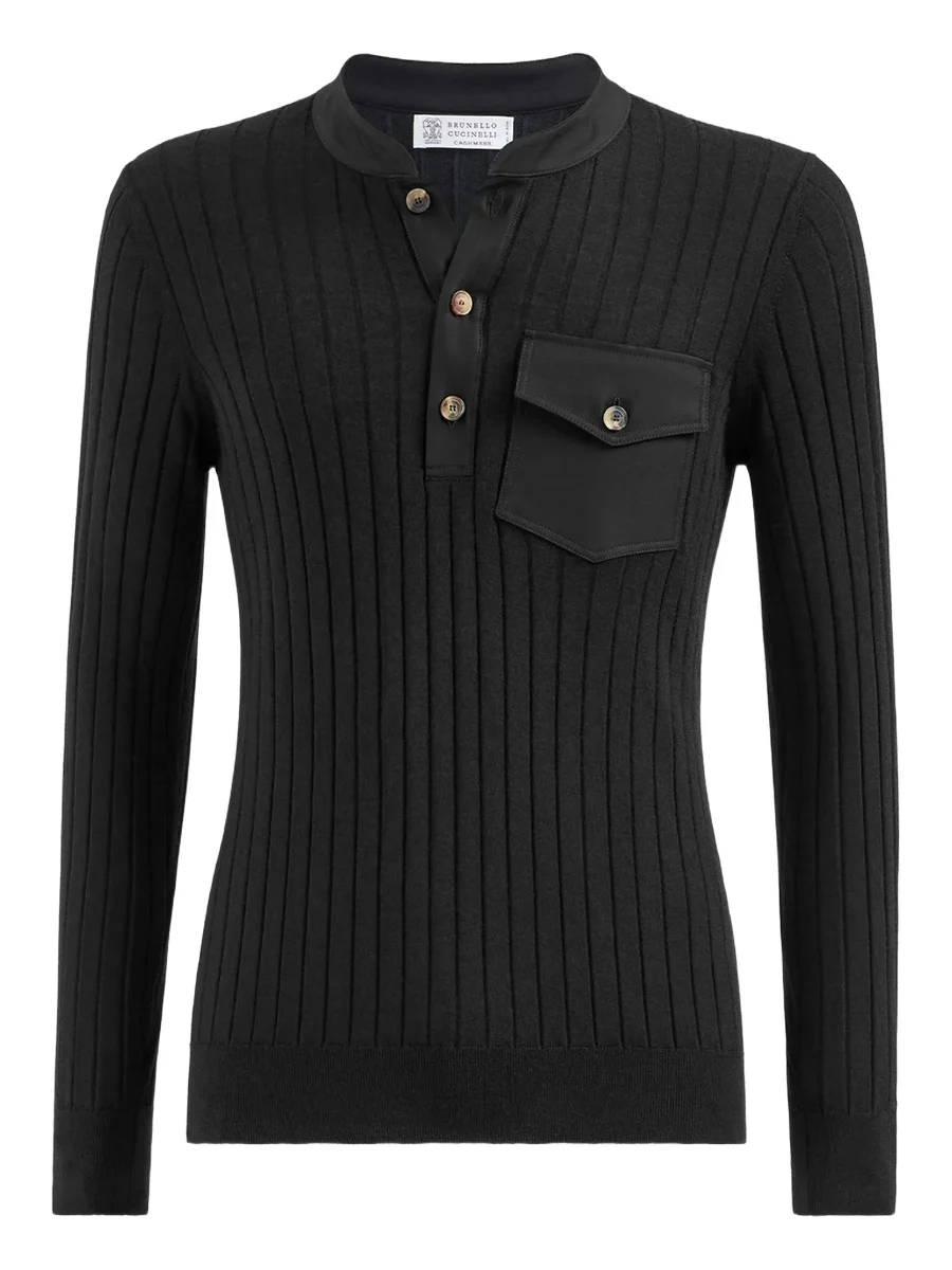 Brunello Cucinelli Men's Cashmere and Silk Ribbed Sweater with Henley Collar - Black