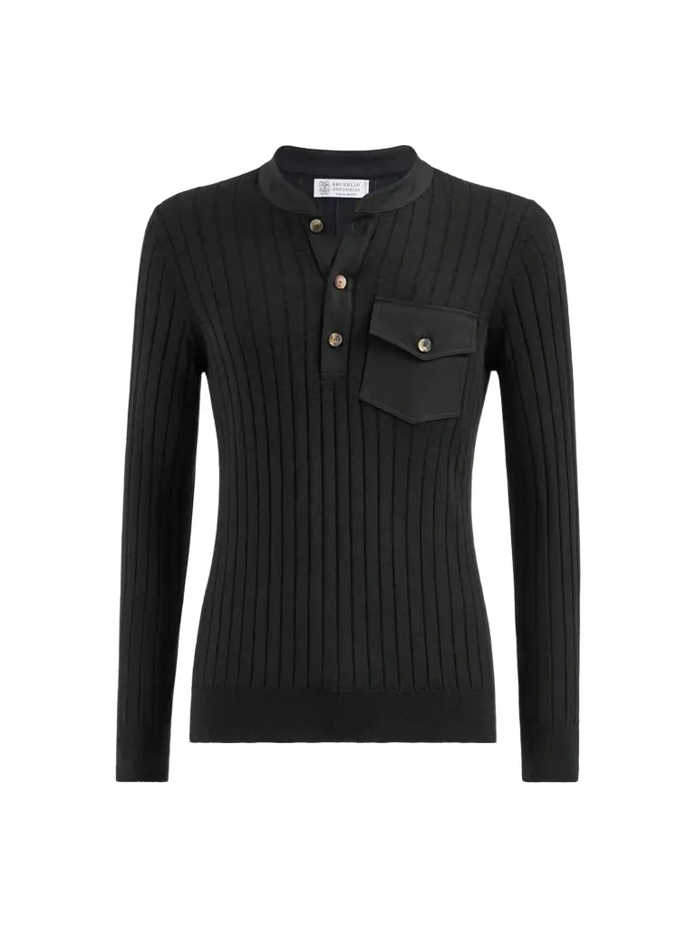 Brunello Cucinelli Men's Cashmere and Silk Ribbed Sweater with Henley Collar - Black